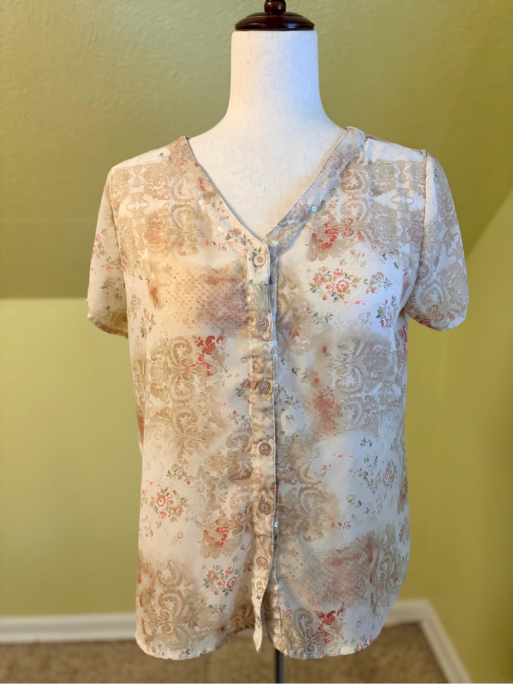 Christopher & Banks Sheer Cream Floral Sequined Short Sleeve Button Front Top